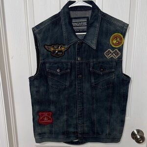 Ring of Fire Men's Dark Denim Vest with Patches